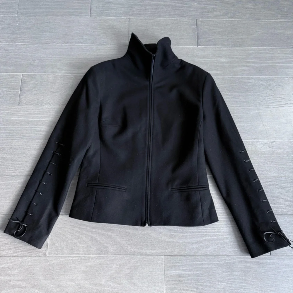 TOMASO Stefanelli Black Wool Cashmere Peacoat Lace-Up Sleeve Designer Jacket M - Picture 14 of 16